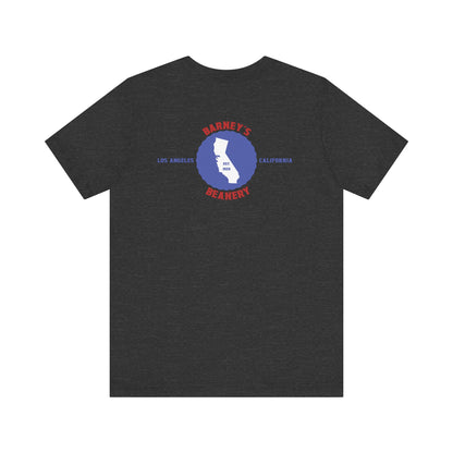 Eat More Chili. Drink More Beer. BARNEY'S BEANERY Red & Blue - Mens Retro Graphic Tee | Bella + Canvas 3001 - Retro Character On FRONT