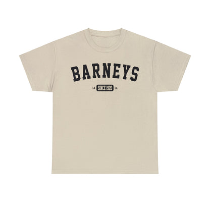 Vintage Collegiate | BARNEY'S BEANERY - Men's Graphic Tee | Black Graphics On Sand Gildan 5000 T-Shirt, Front View Flat Lay