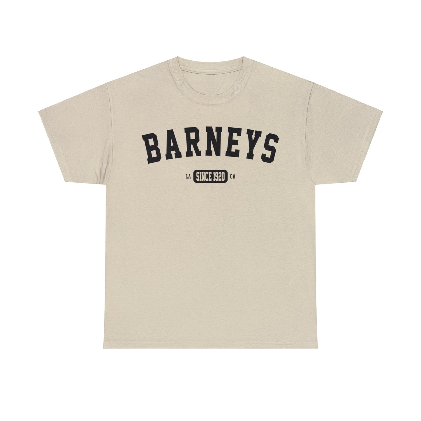 Vintage Collegiate | BARNEY'S BEANERY - Women's Graphic Tee | Sand Gildan 5000 T-Shirt, Black Graphic, Front View Flat Lay