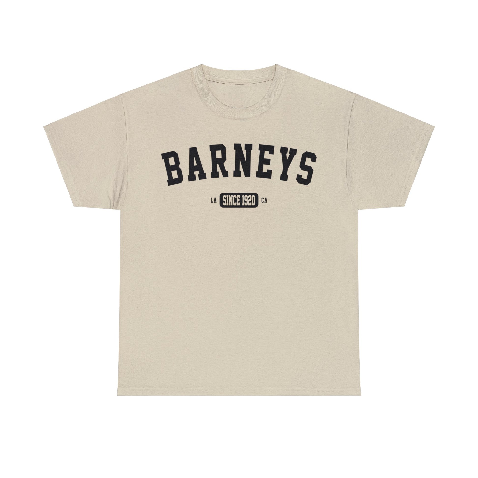 Vintage Collegiate | BARNEY'S BEANERY - Women's Graphic Tee | Sand Gildan 5000 T-Shirt, Black Graphic, Front View Flat Lay