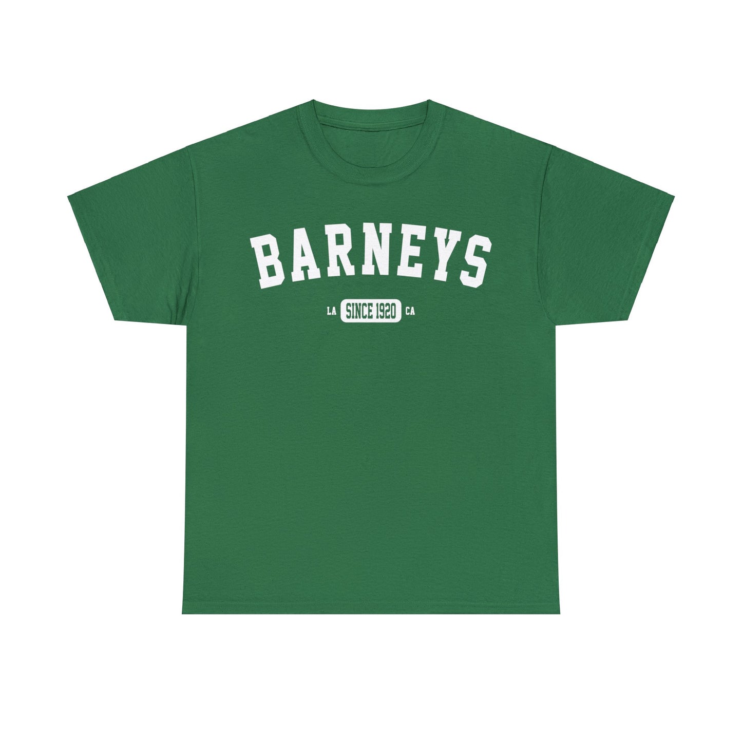 Vintage Collegiate | BARNEY'S BEANERY - Women's Graphic Tee | Turf Green Gildan 5000 T-Shirt, White Graphic, Front View Flat Lay