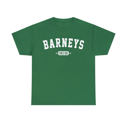 Vintage Collegiate | BARNEY'S BEANERY - Women's Graphic Tee | Turf Green Gildan 5000 T-Shirt, White Graphic, Front View Flat Lay