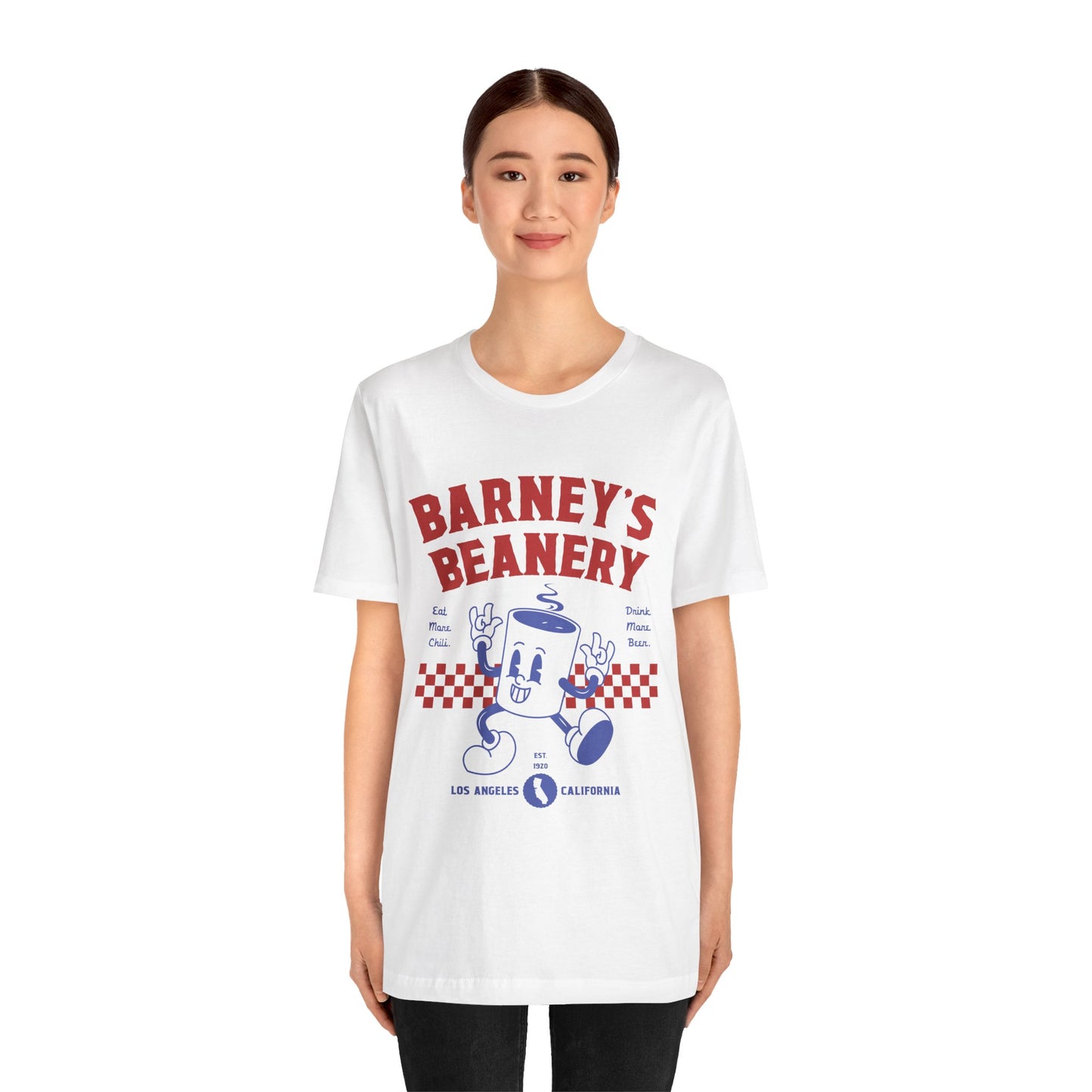 Eat More Chili. Drink More Beer. BARNEY'S BEANERY Red & Blue - Womens Retro Graphic Tee | Bella + Canvas 3001 - Retro Character On FRONT