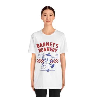 Eat More Chili. Drink More Beer. BARNEY'S BEANERY Red & Blue - Womens Retro Graphic Tee | Bella + Canvas 3001 - Retro Character On FRONT