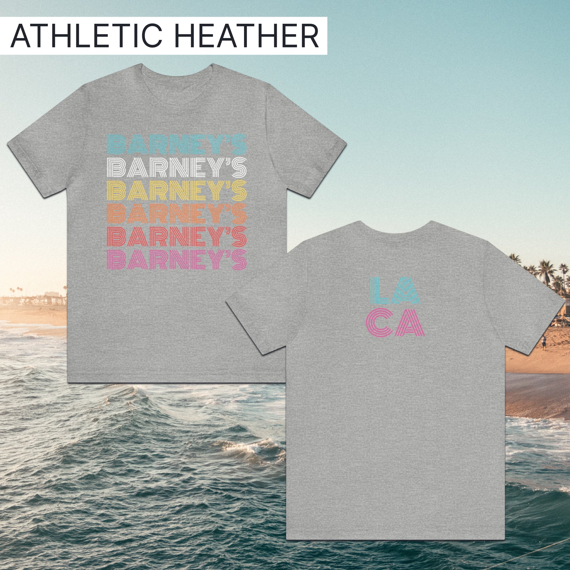 Barney's x6 Retro Hollywood | BARNEY'S BEANERY - Men's Retro Graphic Tee | Athletic Heather Bella+Canvas 3001 T-Shirt - Front And Back Flat Lay View