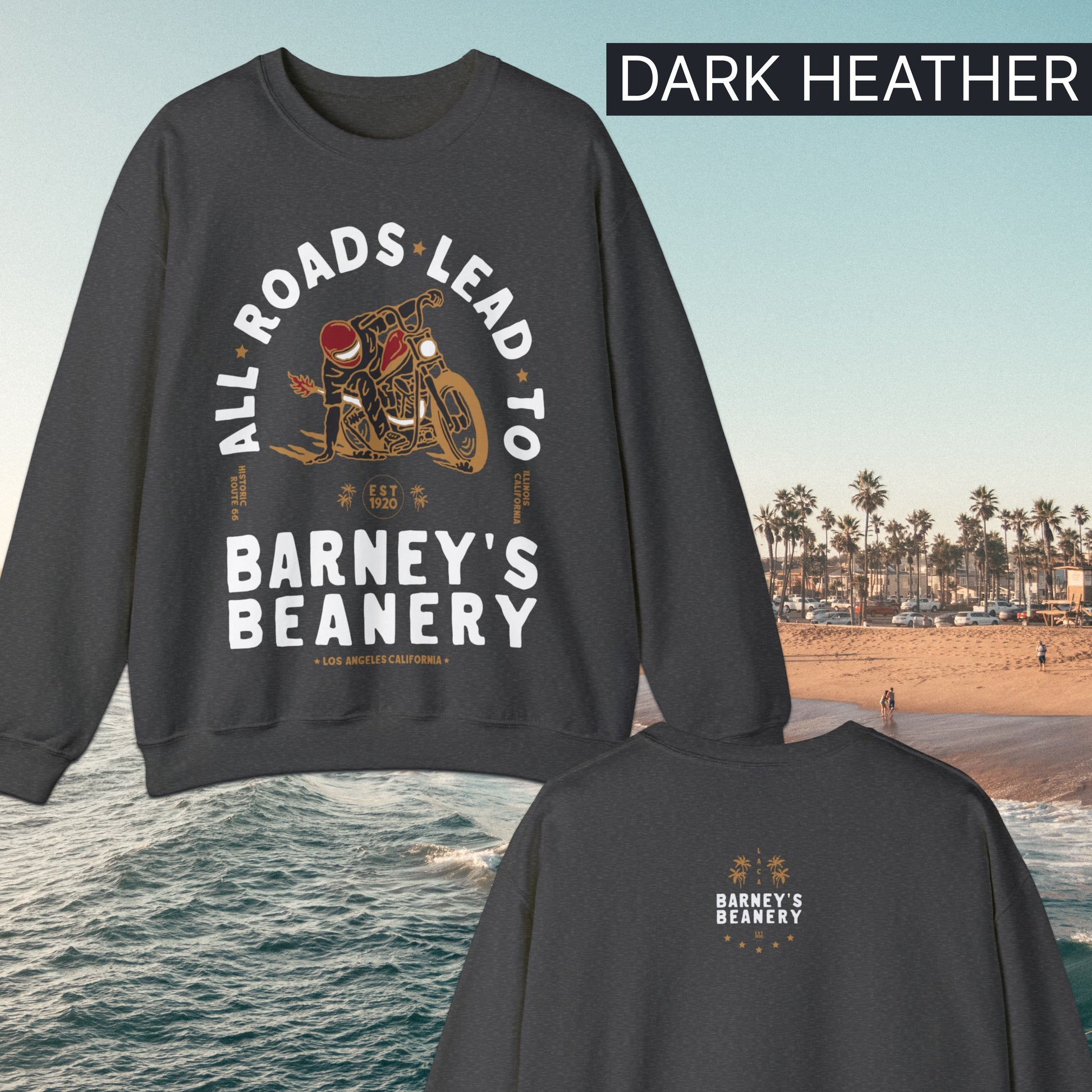 All Roads Lead To | BARNEY'S BEANERY - Women's Graphic Sweatshirt | Dark Heather Gildan 18000 Sweatshirt - Front And Back Flat Lay View