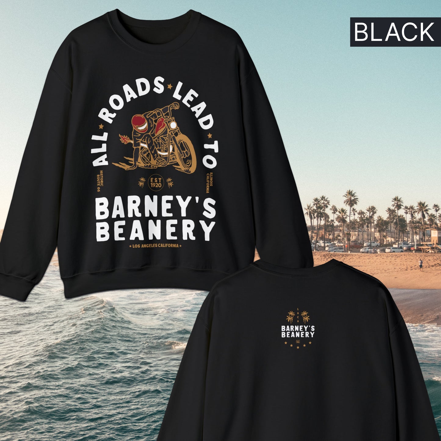 All Roads Lead To | BARNEY'S BEANERY - Women's Graphic Sweatshirt | Black Gildan 18000 Sweatshirt - Front And Back Flat Lay View