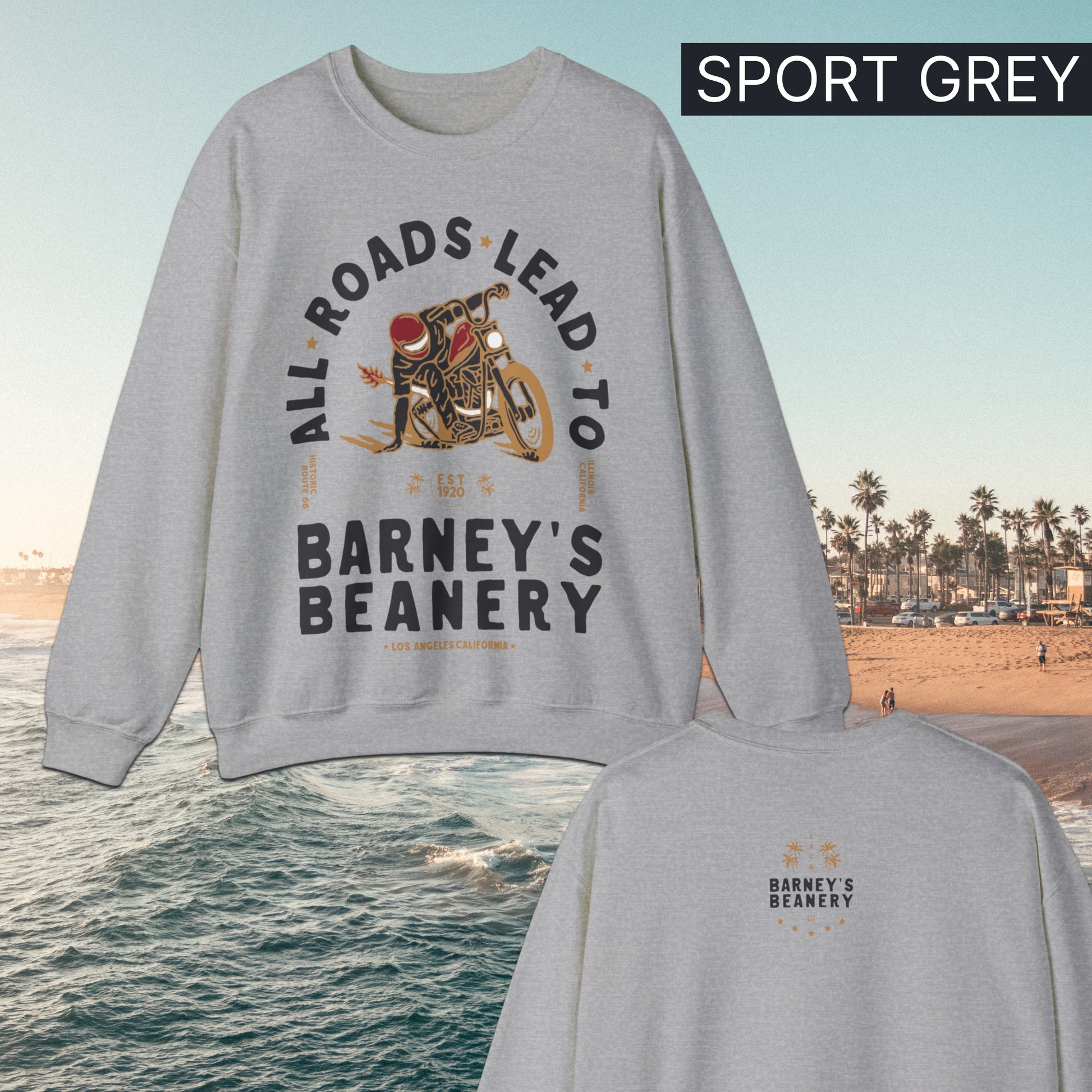 All Roads Lead To | BARNEY'S BEANERY - Women's Graphic Sweatshirt | Sport Grey Gildan 18000 Sweatshirt - Front And Back Flat Lay View