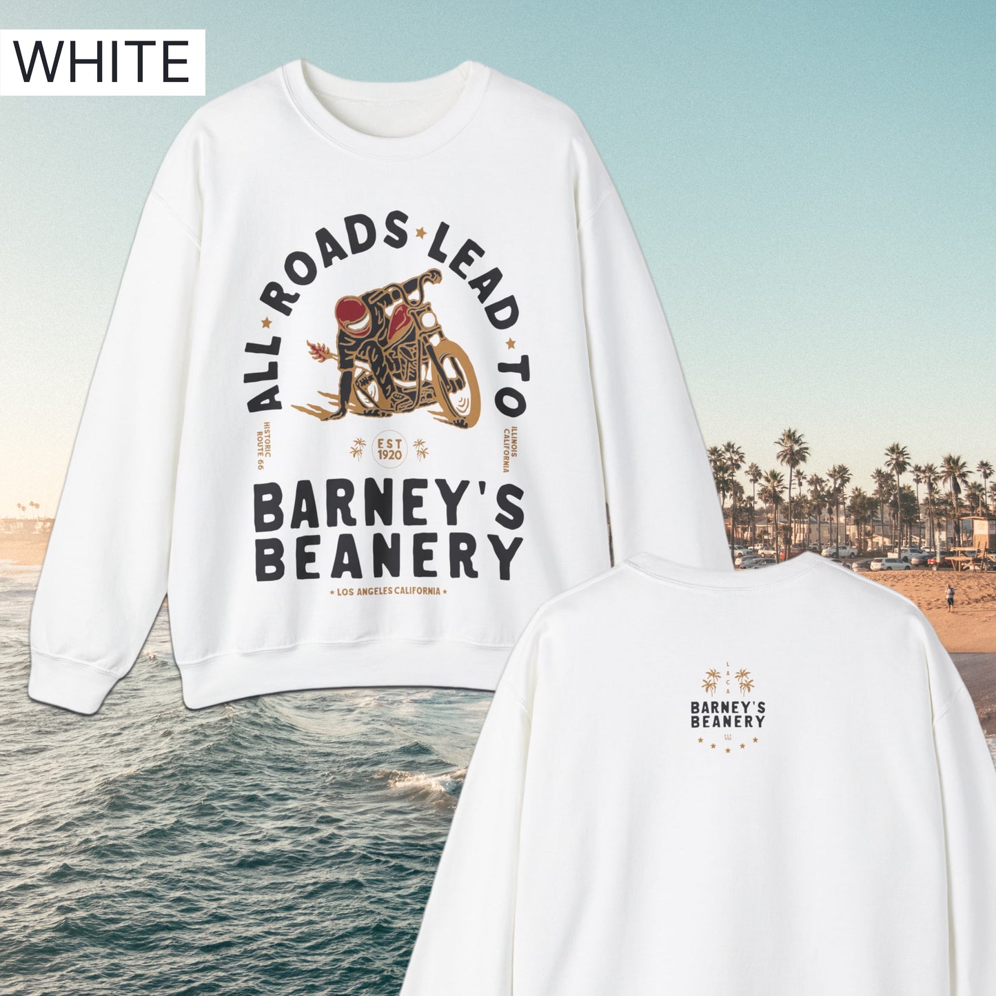 All Roads Lead To | BARNEY'S BEANERY - Women's Graphic Sweatshirt | White Gildan 18000 Sweatshirt - Front And Back Flat Lay View