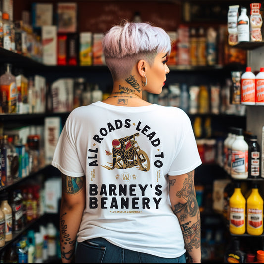 All Roads Lead To | BARNEY'S BEANERY - Women's Graphic Tee | White Bella+Canvas 3001 T-Shirt - Motorcycle Graphic On Back View Of Female Lifestyle Image