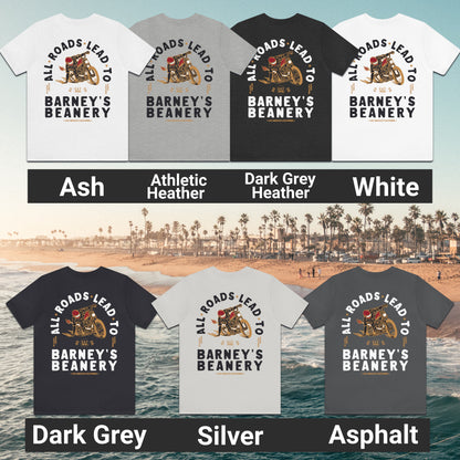 All Roads Lead To | BARNEY'S BEANERY - Men's Graphic Tee | Ash, Athletic Heather, Dark Grey Heather, White, Dark Grey, Silver, Asphalt Bella+Canvas 3001 T-Shirts - Motorcycle Graphic On Back, Color Chart Flat Lay View
