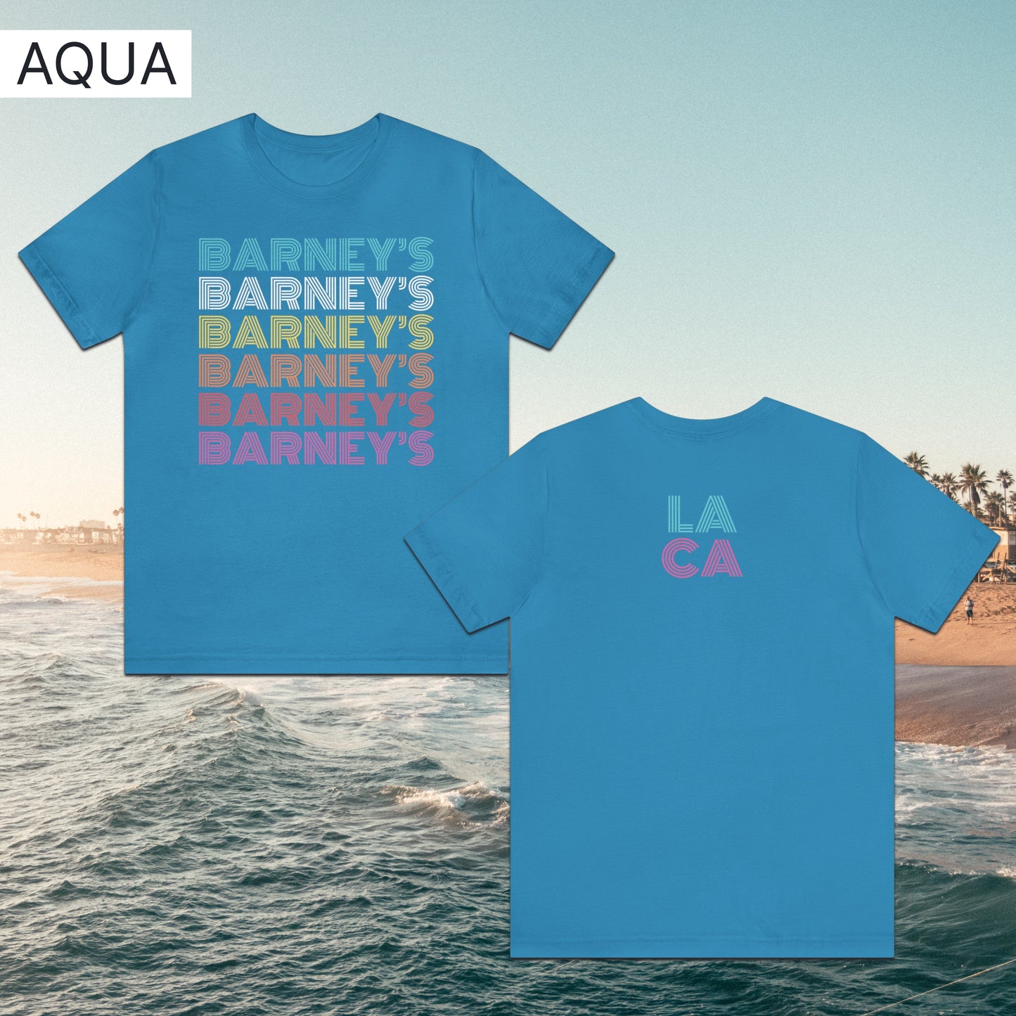 Barney's x6 Retro Hollywood | BARNEY'S BEANERY - Women's Retro Graphic Tee | Aqua Bella+Canvas 3001 T-Shirt - Front And Back Flat Lay View
