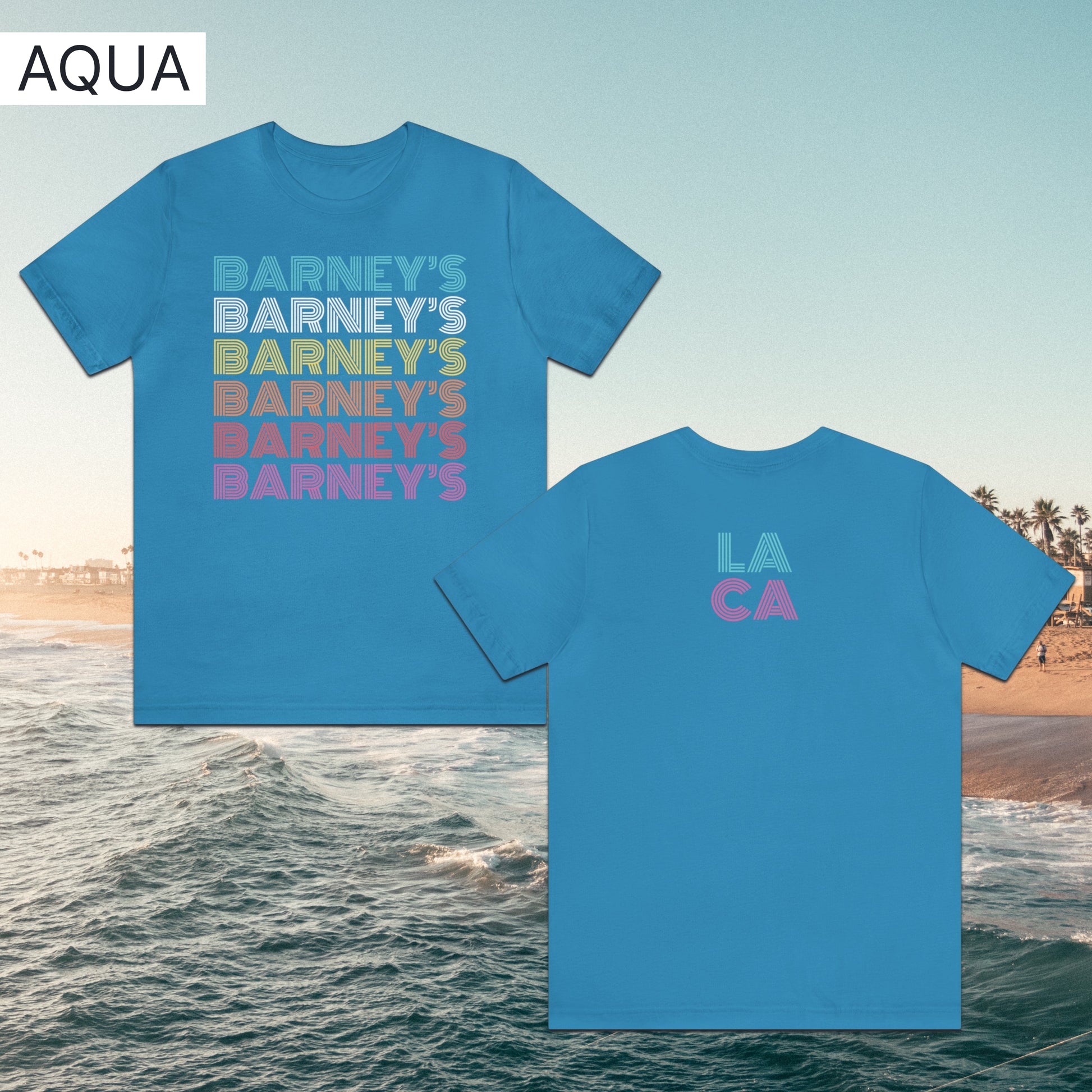 Barney's x6 Retro Hollywood | BARNEY'S BEANERY - Women's Retro Graphic Tee | Aqua Bella+Canvas 3001 T-Shirt - Front And Back Flat Lay View