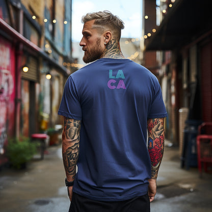 Barney's x6 Retro Hollywood | BARNEY'S BEANERY - Men's Retro Graphic Tee | Heather True Royal Bella+Canvas 3001 T-Shirt - Badge Graphic On Back View Of Male Lifestyle Image