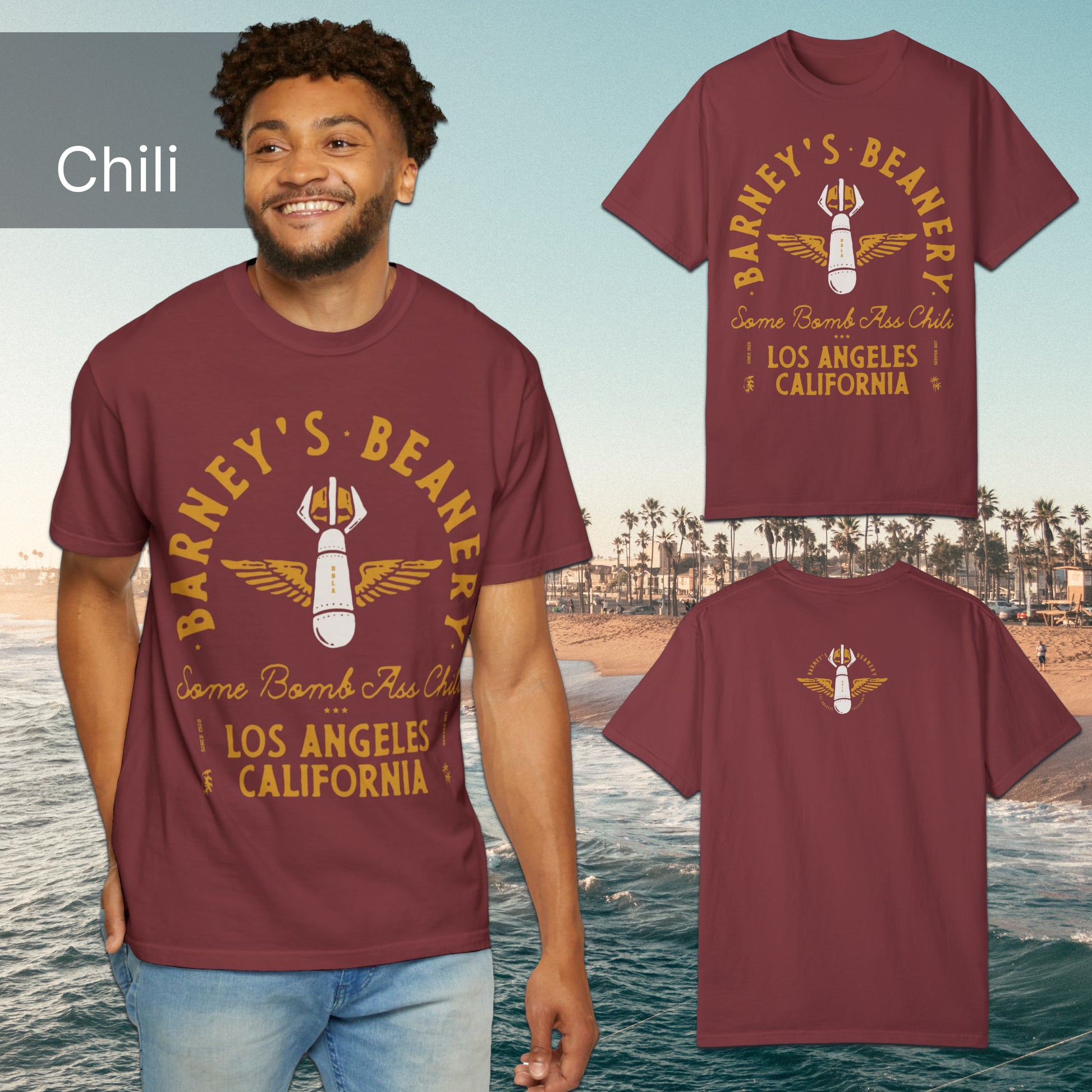 Some Bomb Ass Chili | BARNEY'S BEANERY - Men's Graphic Tee | Chili Comfort Colors 1717 T-Shirt - All Graphics On Front And Back Flat Lay View