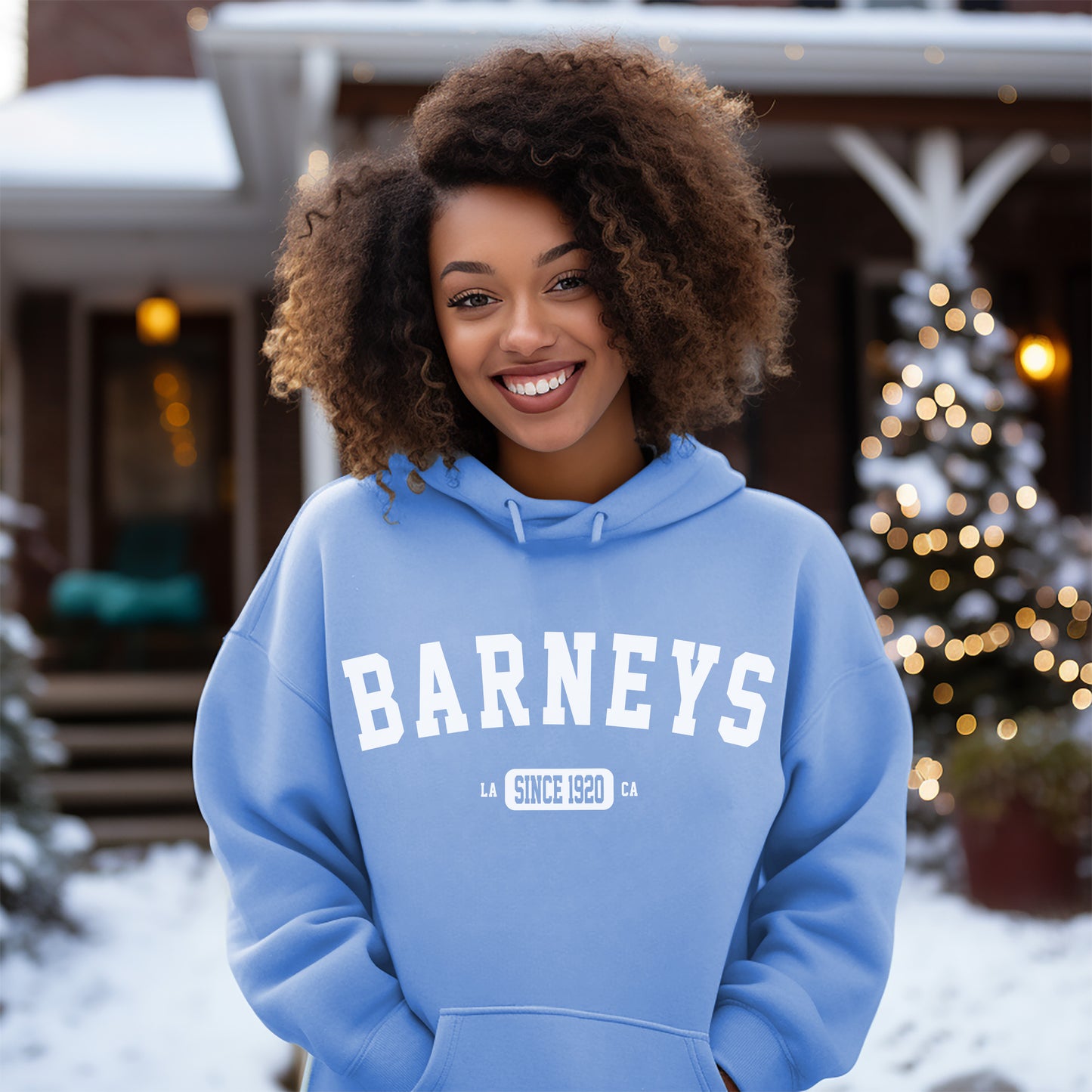 Vintage Collegiate | BARNEY'S BEANERY - Women's Graphic Hoodie | Light Blue Gildan 18500 - White Graphic On Front View Of Female Lifestyle Image