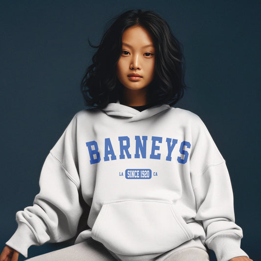 Vintage Collegiate | BARNEY'S BEANERY - Women's Graphic Hoodie | White Gildan 18500 - Blue Graphic On Front View Of Female Lifestyle Image