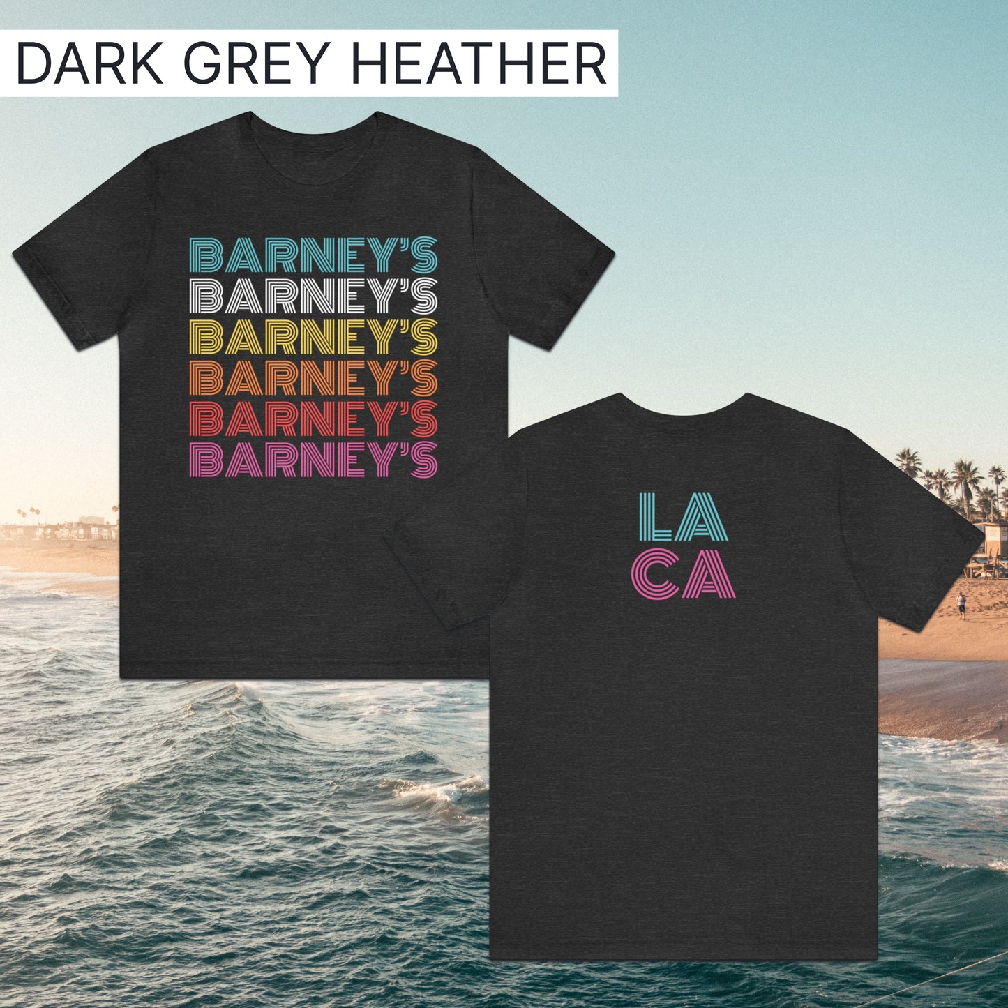 Barney's x6 Retro Hollywood | BARNEY'S BEANERY - Men's Retro Graphic Tee | Dark Grey Heather Bella+Canvas 3001 T-Shirt - Front And Back Flat Lay View