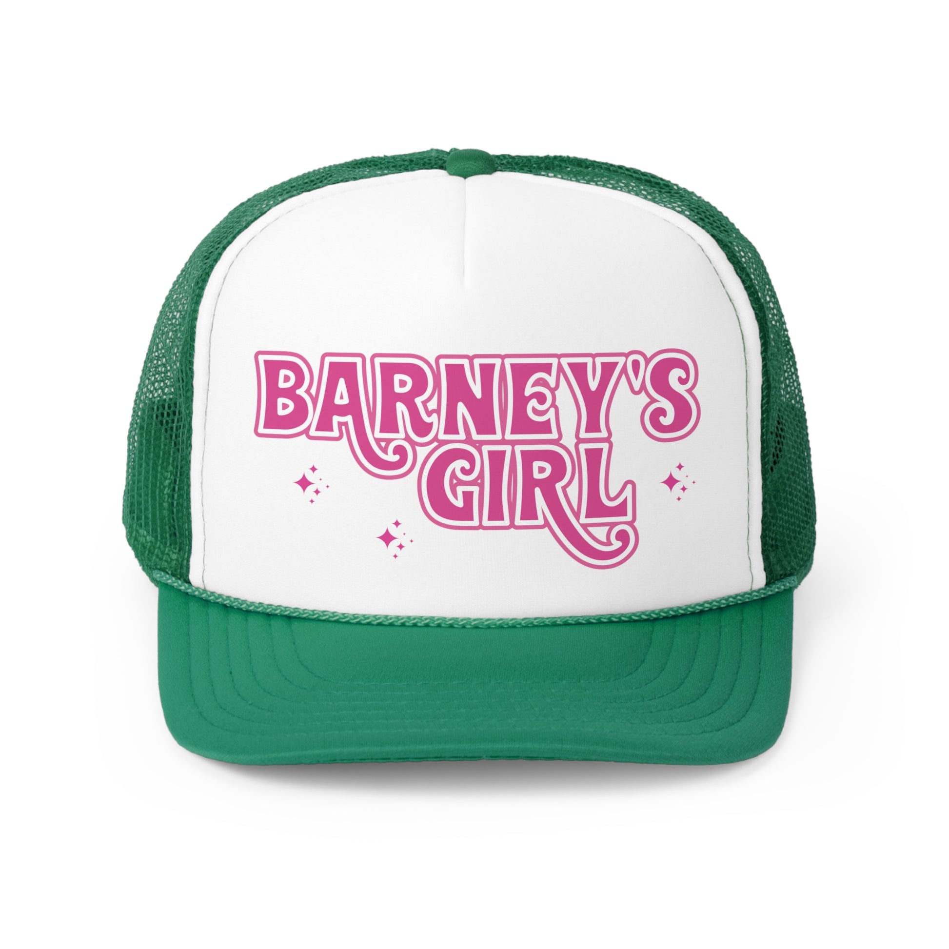 Barney's Girl | BARNEY'S BEANERY - Trucker Hat | Pink Graphic On Green And White Trucker Hat, Front View