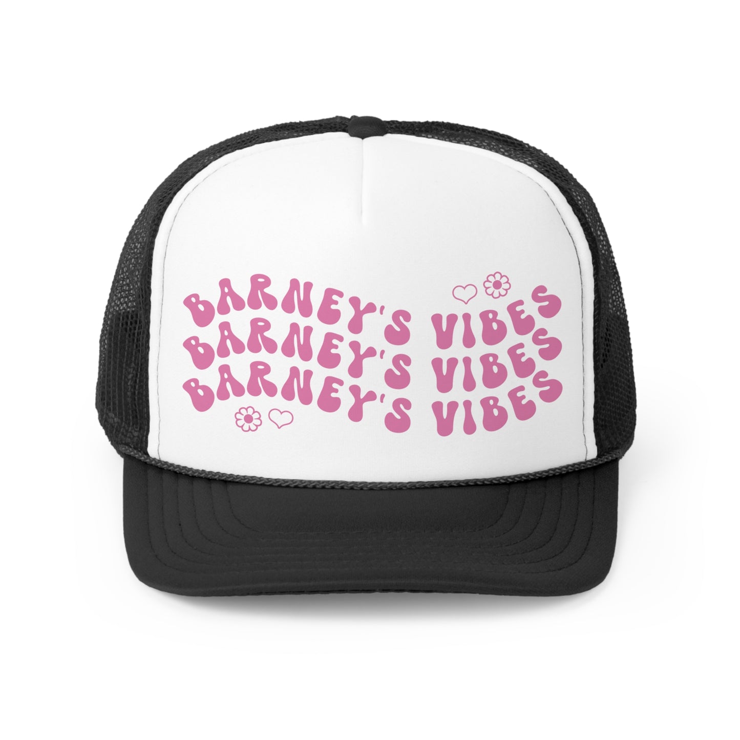Barney's Vibes | BARNEY'S BEANERY - Trucker Hat | Berry Graphic On Black And White Trucker Hat, Front View