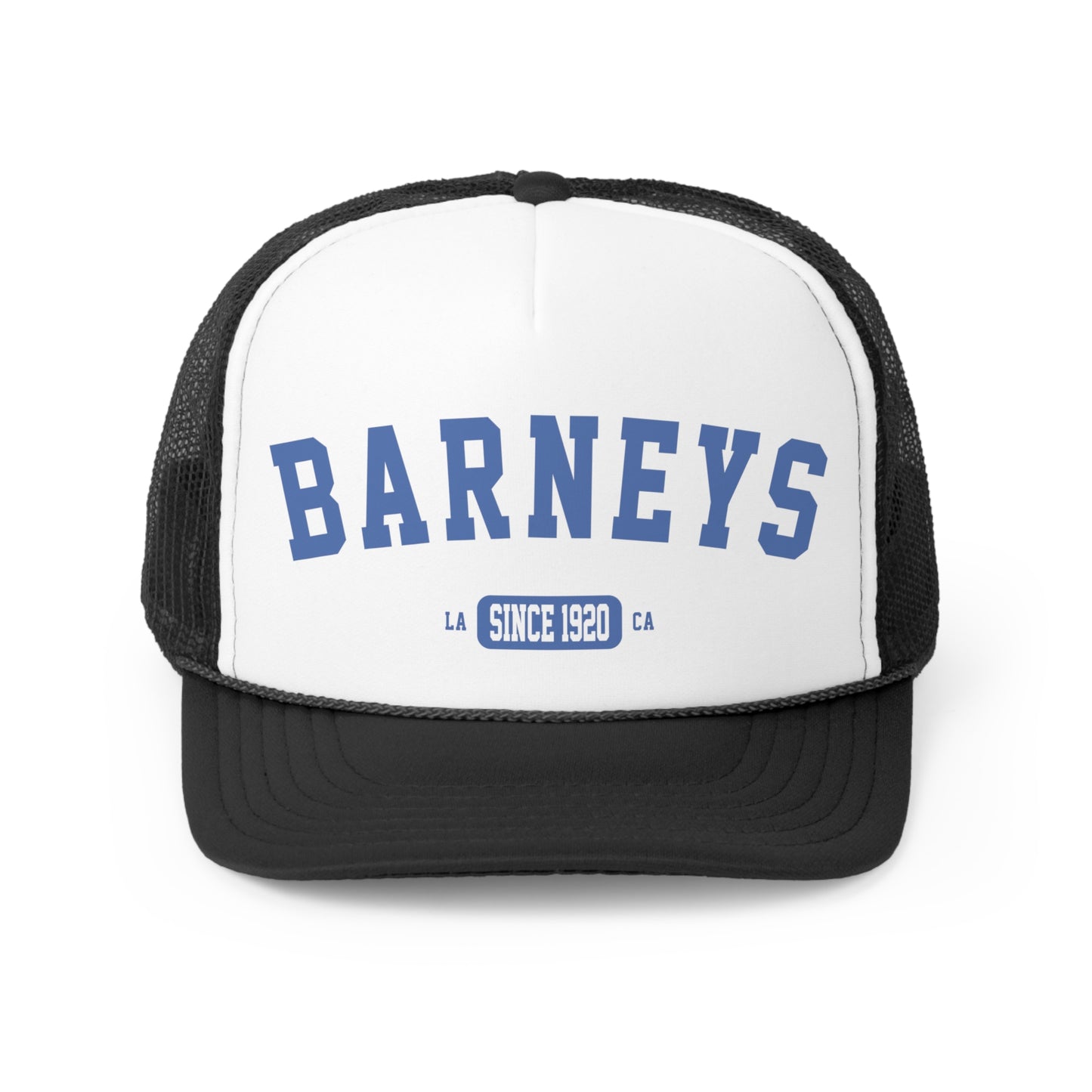 Vintage Collegiate | BARNEY'S BEANERY - Trucker Hat | Blue Graphic On Black And White Trucker Hat, Front View