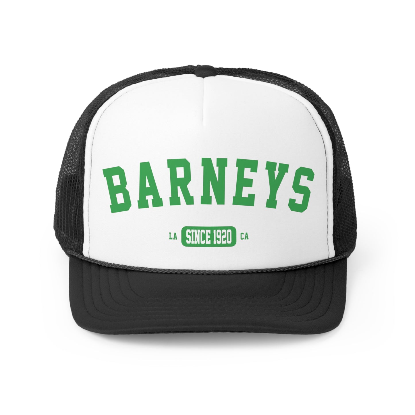 Vintage Collegiate | BARNEY'S BEANERY - Trucker Hat | Green Graphic On Black And White Trucker Hat, Front View