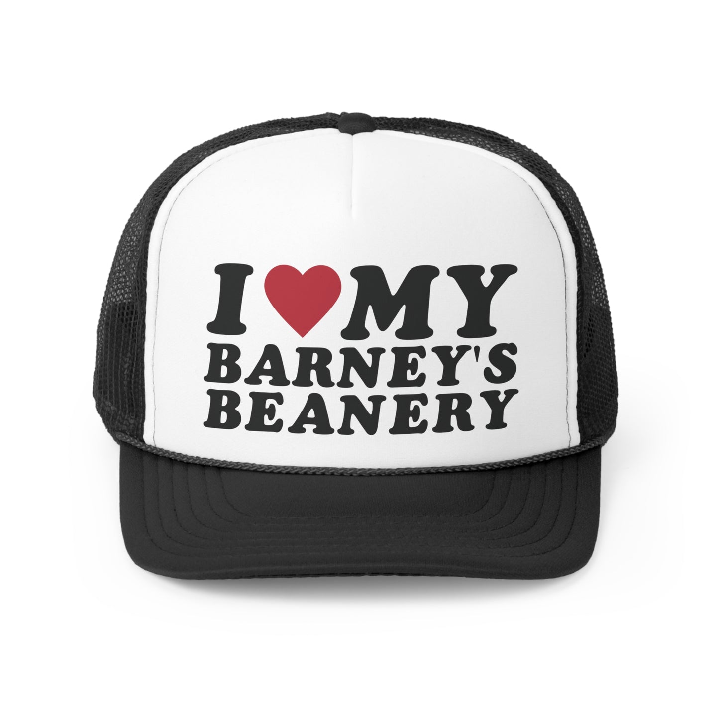 I Heart My | BARNEY'S BEANERY - Trucker Hat | Black And Red Graphic On Black And White Trucker Hat, Front View