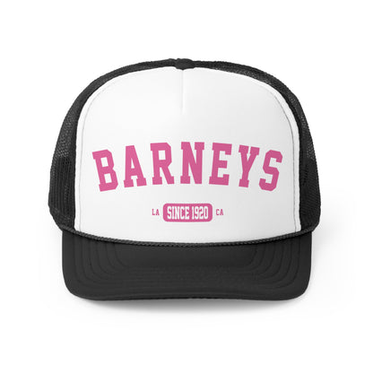 Vintage Collegiate | BARNEY'S BEANERY - Trucker Hat | Pink Graphic On Black And White Trucker Hat, Front View