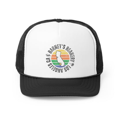 Retro Sunset | BARNEY'S BEANERY - Trucker Hat | Retro Sunset Graphic On Black And White Trucker Hat, Front View