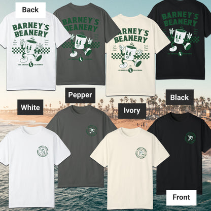 Eat More Chili. Drink More Beer. | BARNEY'S BEANERY - Women's Retro Graphic Tee | White, Pepper, Ivory, Black Comfort Colors 1717 T-Shirts - Green Graphics On Front And Back Flat Lay View