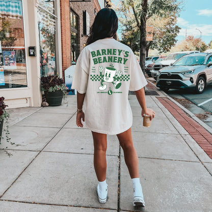 Eat More Chili. Drink More Beer. | BARNEY'S BEANERY - Women's Retro Graphic Tee | Ivory Comfort Colors 1717 T-Shirt - Big Green Graphic On Back View Of Female Lifestyle Image
