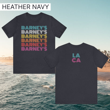 Barney's x6 Retro Hollywood | BARNEY'S BEANERY - Women's Retro Graphic Tee | Heather Navy Bella+Canvas 3001 T-Shirt - Front And Back Flat Lay View