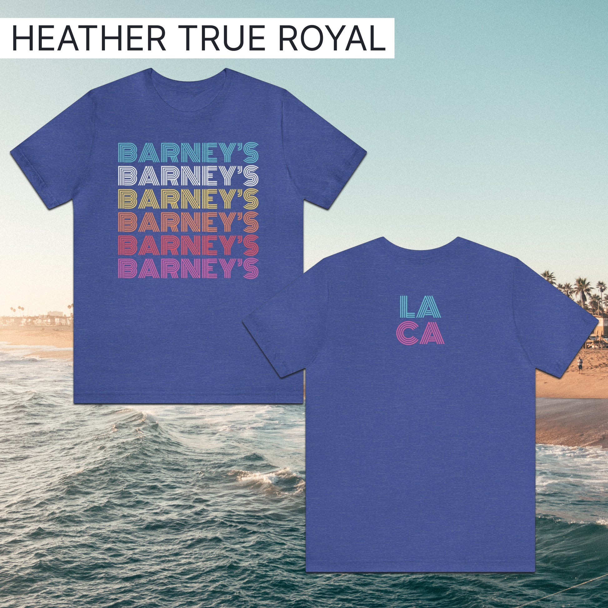 Barney's x6 Retro Hollywood | BARNEY'S BEANERY - Women's Retro Graphic Tee | Heather True Royal Bella+Canvas 3001 T-Shirt - Front And Back Flat Lay View