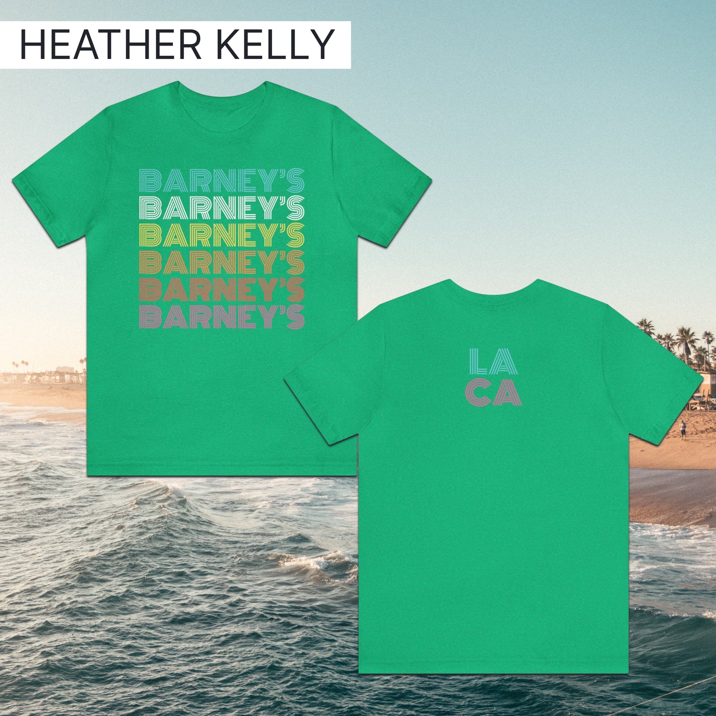 Barney's x6 Retro Hollywood | BARNEY'S BEANERY - Women's Retro Graphic Tee | Heather Kelly Bella+Canvas 3001 T-Shirt - Front And Back Flat Lay View