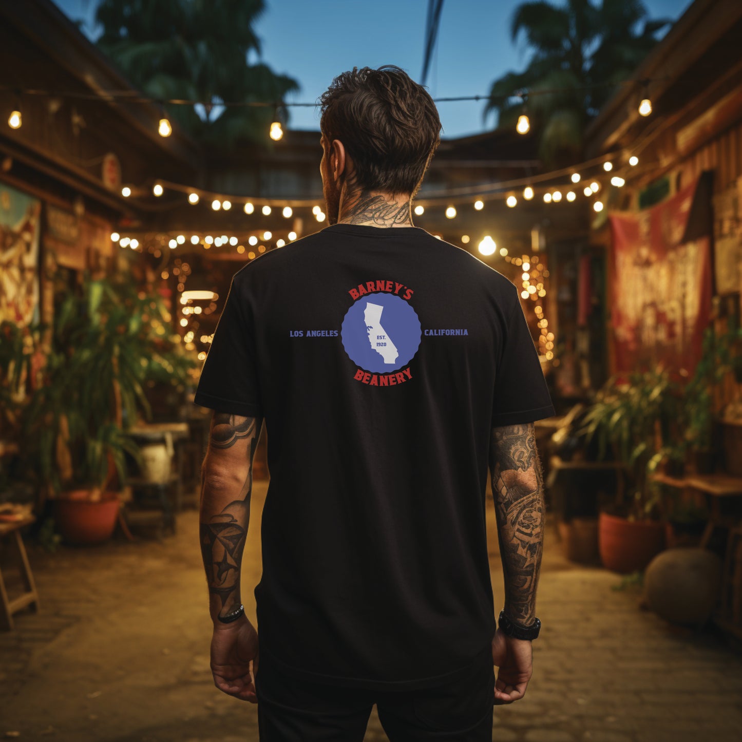 Eat More Chili. Drink More Beer. | BARNEY'S BEANERY - Men's Retro Graphic Tee | Black Bella+Canvas 3001 T-Shirt - Red & Blue Badge Graphic On Back View Of Male Lifestyle Image