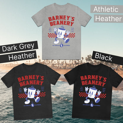 Eat More Chili. Drink More Beer. | BARNEY'S BEANERY - Women's Retro Graphic Tee | Athletic Heather, Dark Grey Heather, Black Bella+Canvas 3001 T-Shirts - Big Red & Blue Graphic On Front Flat Lay View