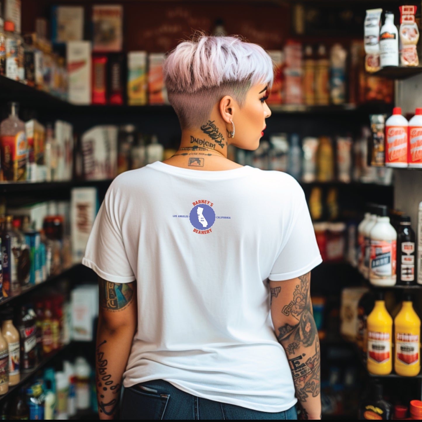 Eat More Chili. Drink More Beer. | BARNEY'S BEANERY - Women's Retro Graphic Tee | White Bella+Canvas 3001 T-Shirt - Red & Blue Badge Graphic On Back View Of Female Lifestyle Image