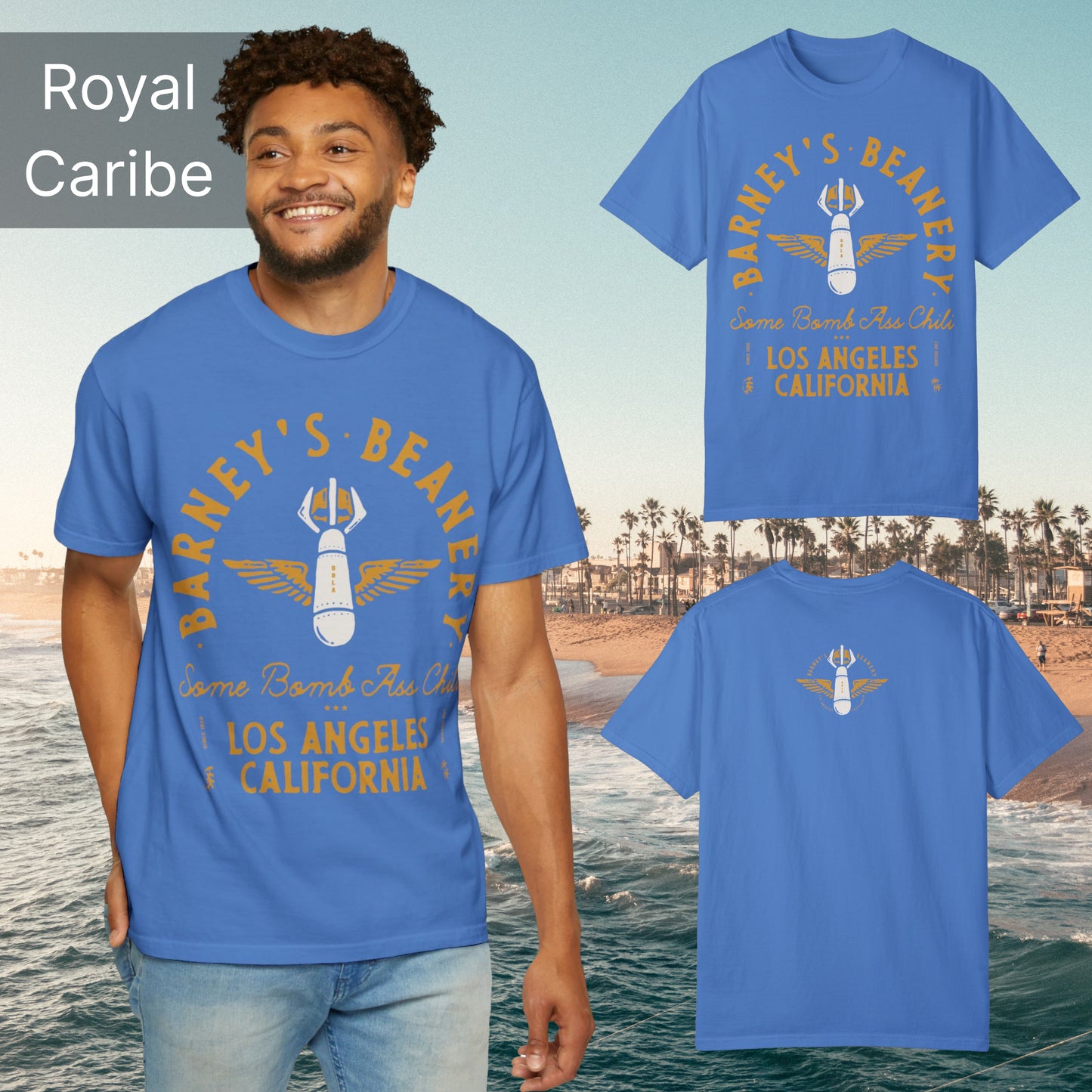 Some Bomb Ass Chili | BARNEY'S BEANERY - Men's Graphic Tee | Royal Caribe Comfort Colors 1717 T-Shirt - All Graphics On Front And Back Flat Lay View
