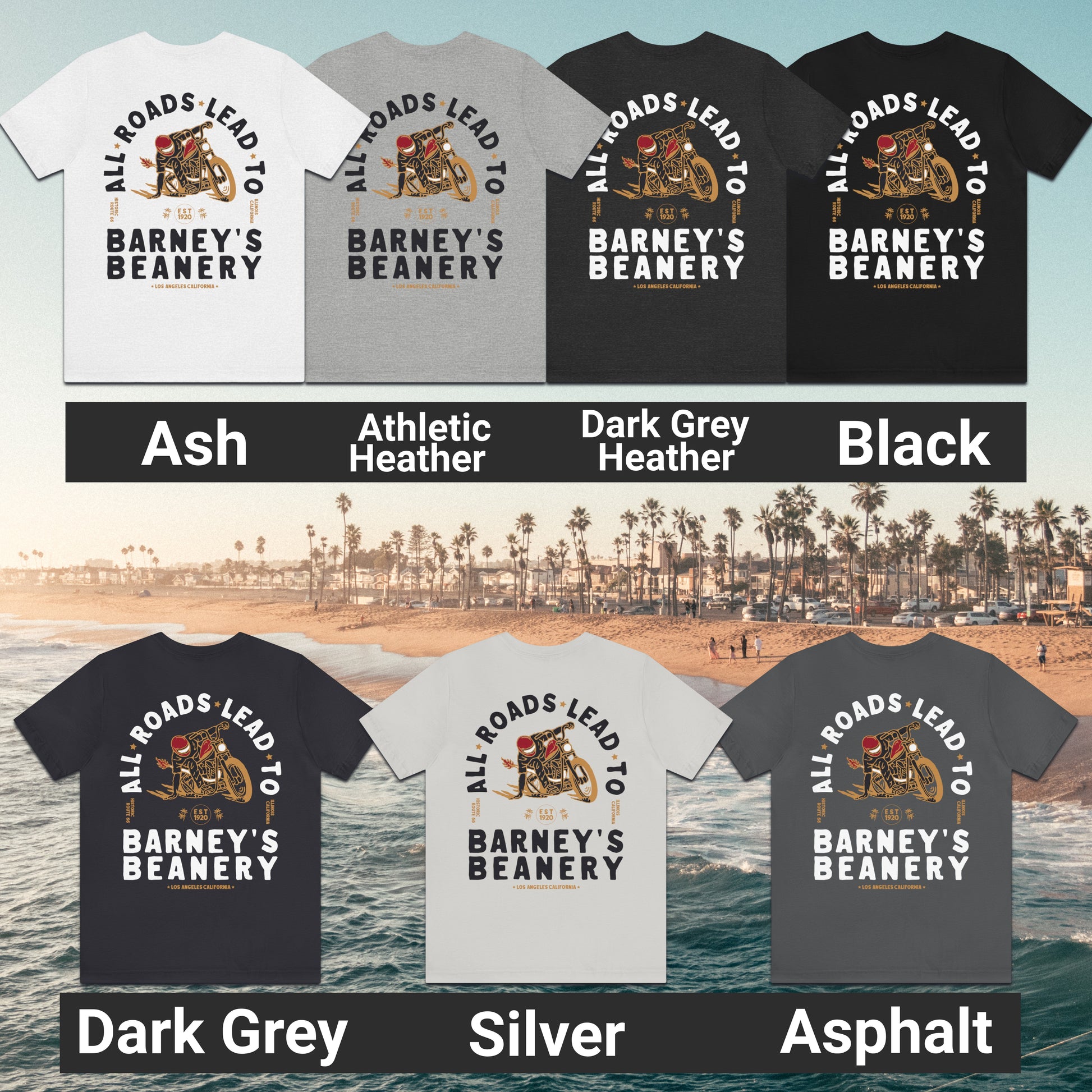 All Roads Lead To | BARNEY'S BEANERY - Women's Graphic Tee | Ash, Athletic Heather, Dark Grey Heather, Black, Dark Grey, Silver, Asphalt Bella+Canvas 3001 T-Shirts - Motorcycle Graphic On Back Flat Lay View