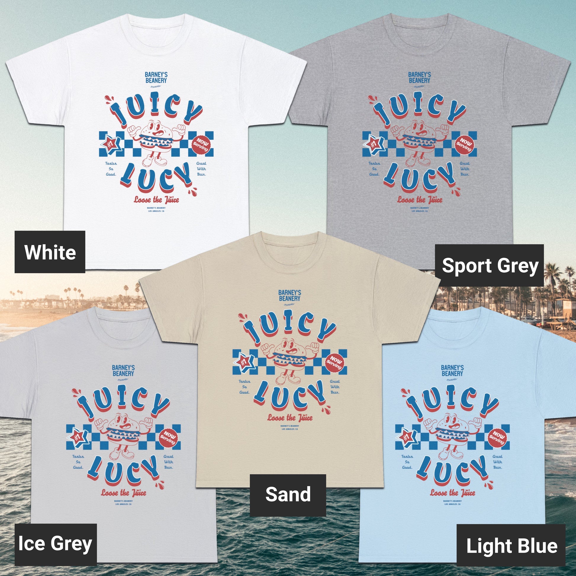 JUICY LUCY - Loose The Juice | BARNEY'S BEANERY - Men's Retro Graphic Tee | White, Sport Grey, Ice grey, Sand, Light Blue Gildan 5000 T-Shirts - Big Red & Blue Graphic On Front Flat Lay View