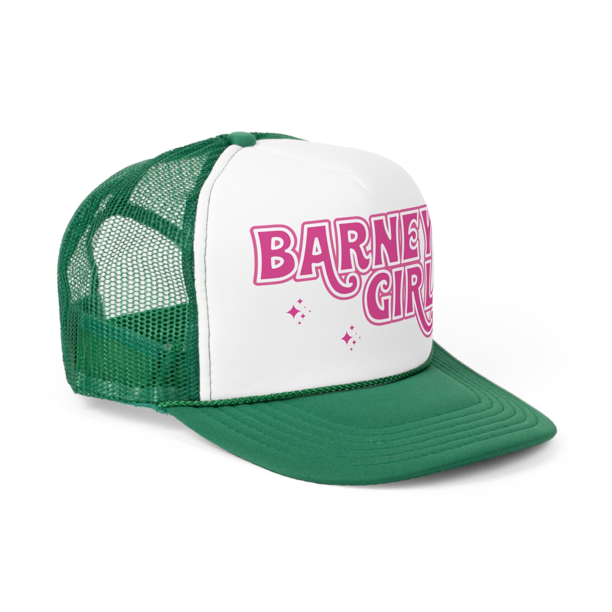 Barney's Girl | BARNEY'S BEANERY - Trucker Hat | Pink Graphic On Green And White Trucker Hat, Front Right View