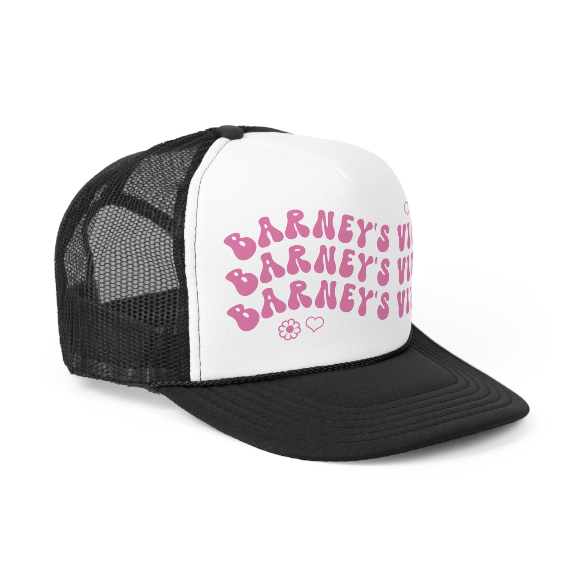 Barney's Vibes | BARNEY'S BEANERY - Trucker Hat | Berry Graphic On Black And White Trucker Hat, Front Right View