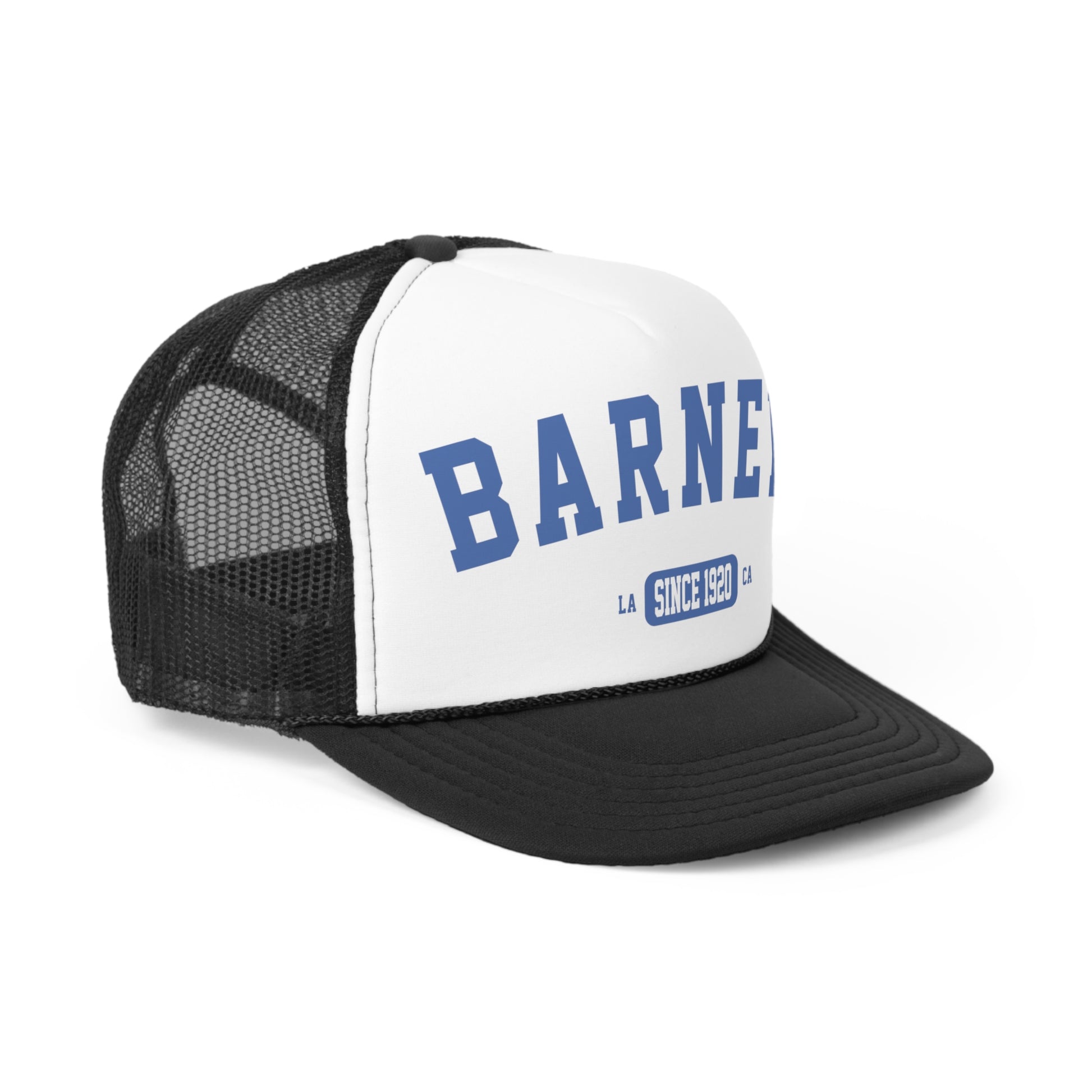 Vintage Collegiate | BARNEY'S BEANERY - Trucker Hat | Blue Graphic On Black And White Trucker Hat, Front Right View