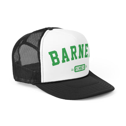 Vintage Collegiate | BARNEY'S BEANERY - Trucker Hat | Green Graphic On Black And White Trucker Hat, Front Right View