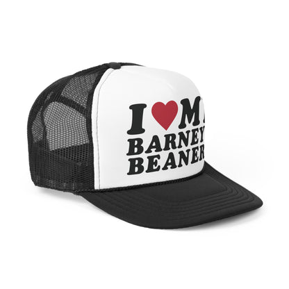 I Heart My | BARNEY'S BEANERY - Trucker Hat | Black And Red Graphic On Black And White Trucker Hat, Front Right View