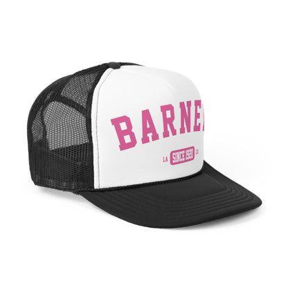 Vintage Collegiate | BARNEY'S BEANERY - Trucker Hat | Pink Graphic On Black And White Trucker Hat, Front Right View
