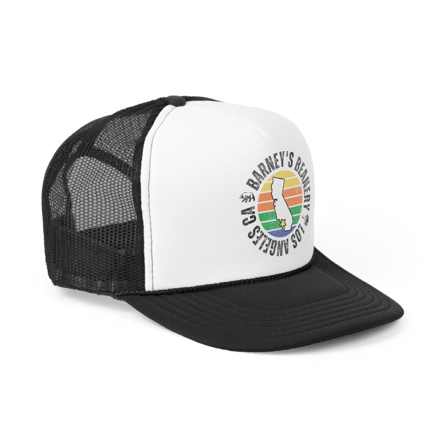 Retro Sunset | BARNEY'S BEANERY - Trucker Hat | Retro Sunset Graphic On Black And White Trucker Hat, Front Right View