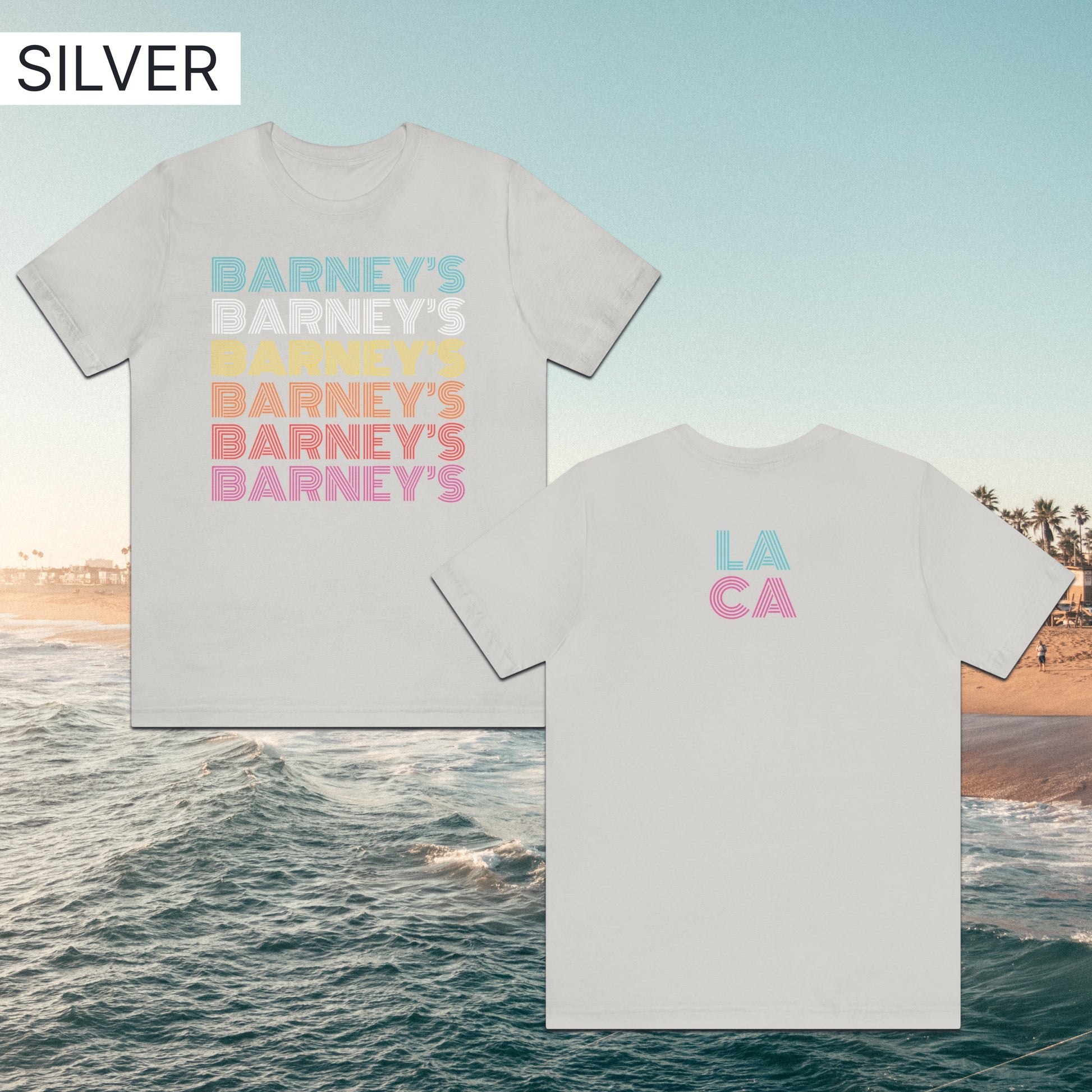 Barney's x6 Retro Hollywood | BARNEY'S BEANERY - Women's Retro Graphic Tee | Silver Bella+Canvas 3001 T-Shirt - Front And Back Flat Lay View