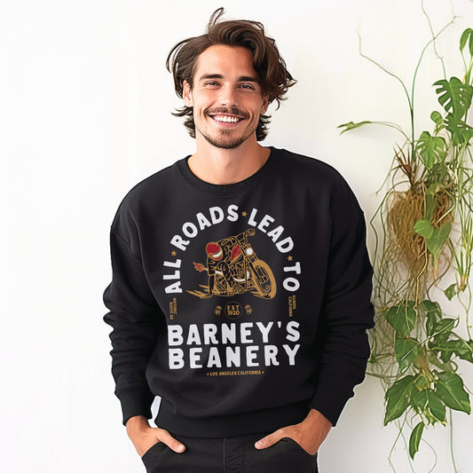 All Roads Lead To | BARNEY'S BEANERY - Men's Graphic Sweatshirt | Motorcycle Graphic On Black Gildan 18000 Sweatshirt, Front View Male Lifestyle Image