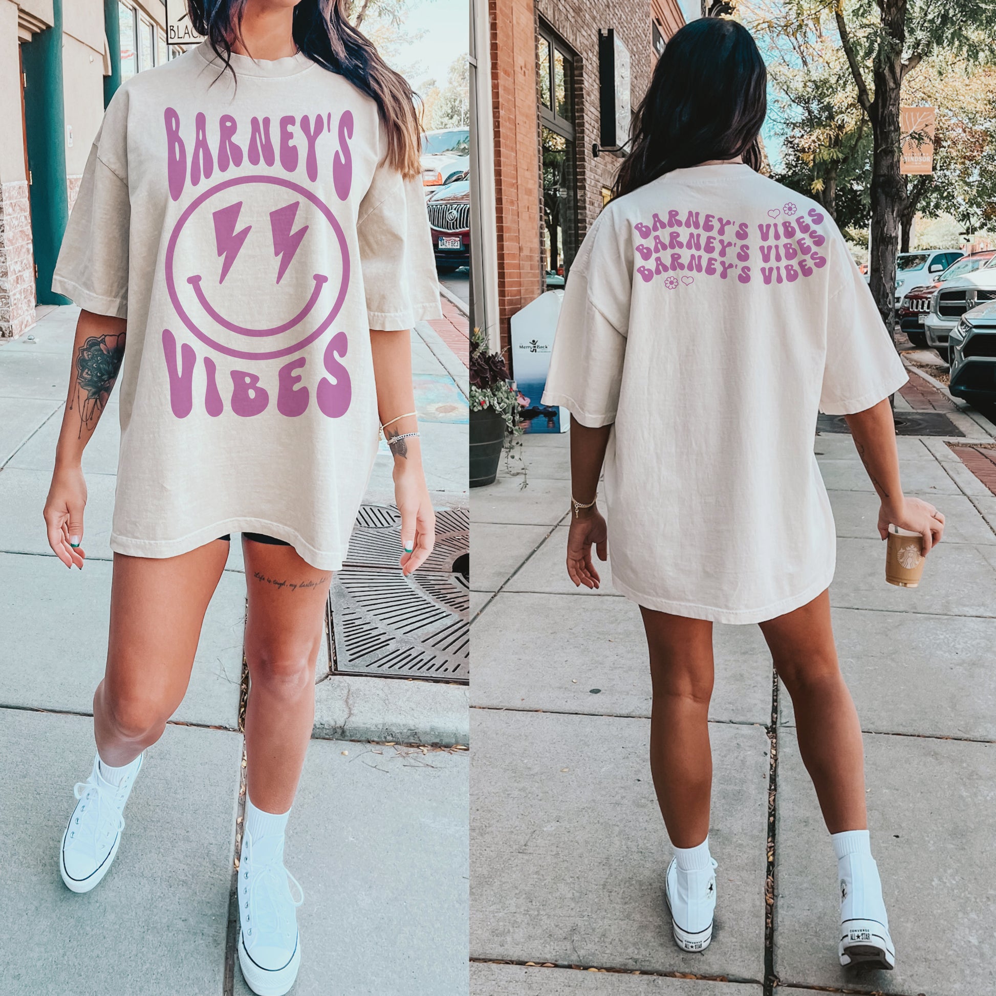 Barney's Vibes | BARNEY'S BEANERY - Women's Smiley Face Tee | Berry Graphics On Ivory T-Shirt, Front And Back View Female Lifestyle Image